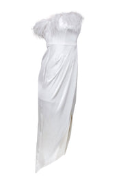 Current Boutique-Aidan Mattox - White Strapless Pleated Waist Marabou Feather Gown Sz 0