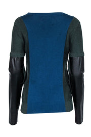 Current Boutique-Aiko - Blue & Green Sweater w/ Leather Sleeve Detail Sz L