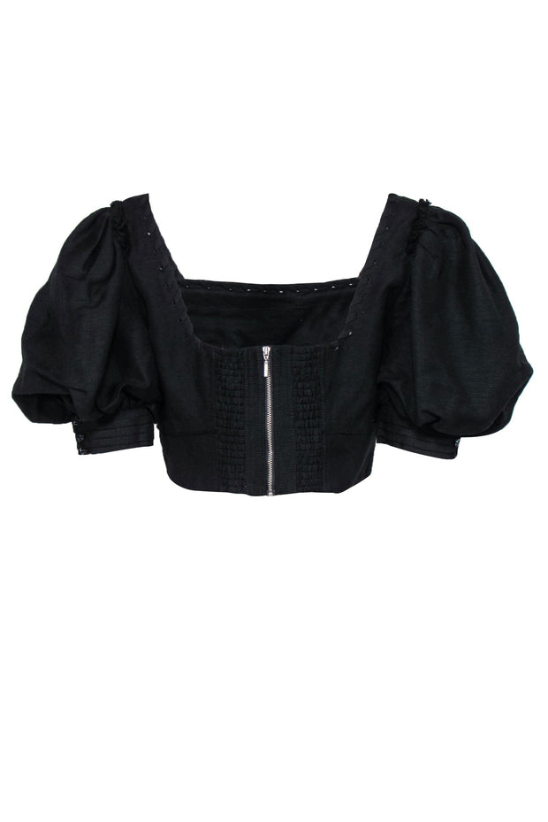 Current Boutique-Aje - Black Puff Sleeve Cropped Blouse w/ Braided & Distressed Trim Sz 12