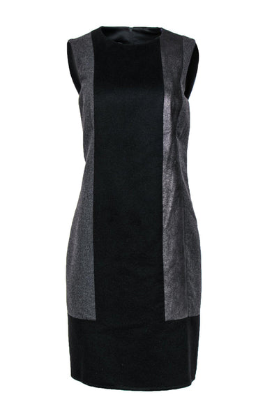 Current Boutique-Akris - Black & Grey Paneled Wool Blend Shift Dress w/ Metallic Shimmer Sz 12