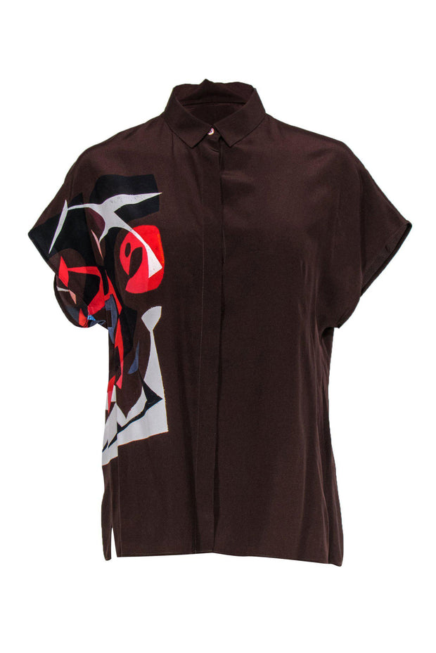 Current Boutique-Akris - Brown & Graphic Printed Mulberry Silk Blouse Sz 8