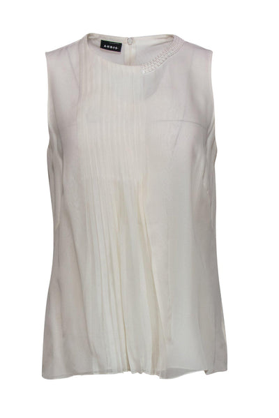 Current Boutique-Akris - Cream Pleated Silk Tank w/ Beaded Neckline Sz M