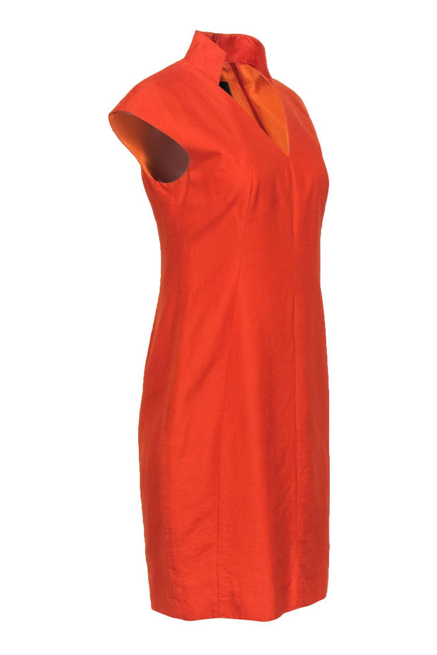 Current Boutique-Akris - Orange Cotton Blend Notch Neck Sheath Dress Sz 8