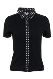 Current Boutique-Akris Punto - Black Short Sleeve Button-Up Top w/ Polka Dot Trim Sz 12