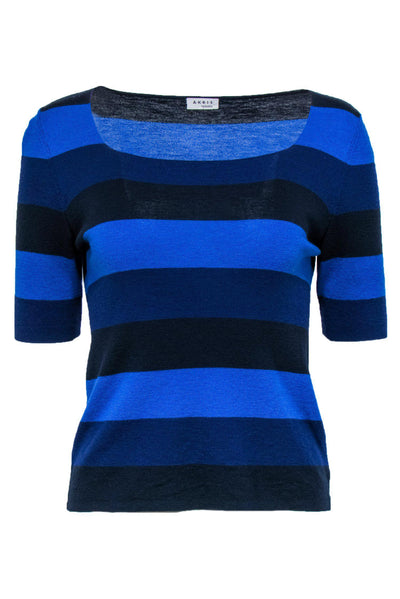 Current Boutique-Akris Punto - Blue, Navy & Black Striped Short Sleeve Wool Sweater Sz 12