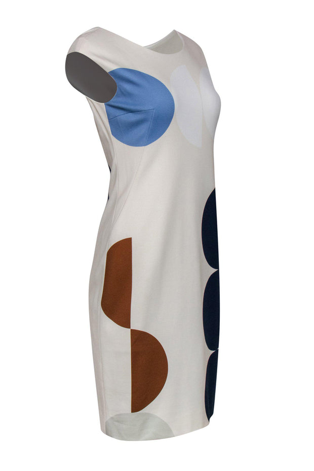 Current Boutique-Akris Punto - Cream, Blue & Tan Circle Print Sleeveless Dress Sz S