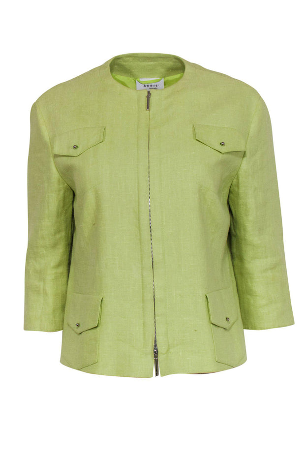 Current Boutique-Akris Punto - Lime Green Crop Sleeve Linen Jacket w/ Pockets Sz S