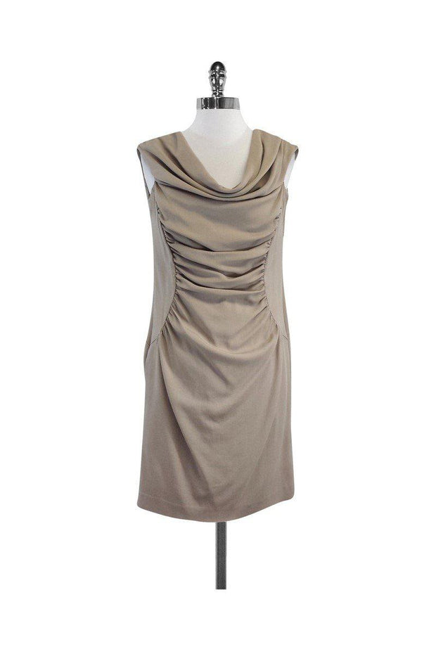 Current Boutique-Alberta Ferretti - Beige Ruched Wool Sleeveless Dress Sz 10