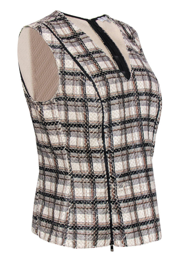 Current Boutique-Alberto Makali - Beige, Grey & Black Plaid Snakeskin Textured Top w/ Zipper Detail Sz XL