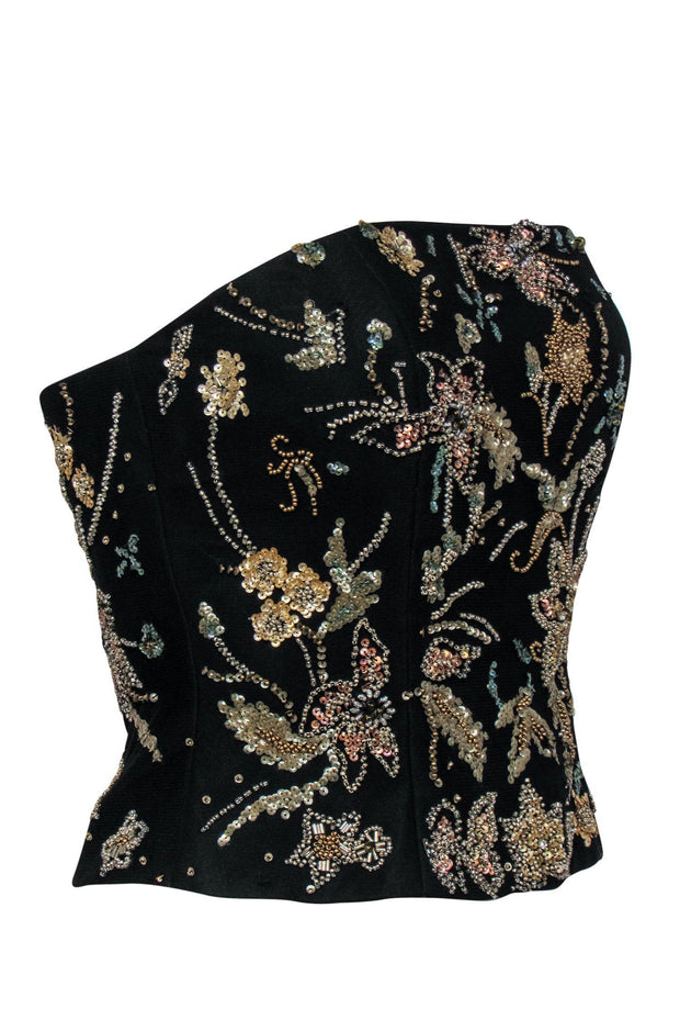 Current Boutique-Alberto Makali - Black Floral Sequin & Beaded Bustier-Style Strapless Top Sz 2