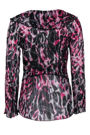 Current Boutique-Alberto Makali - Black & Fuchsia Leopard Ruffle Top w/ Sequins Sz S