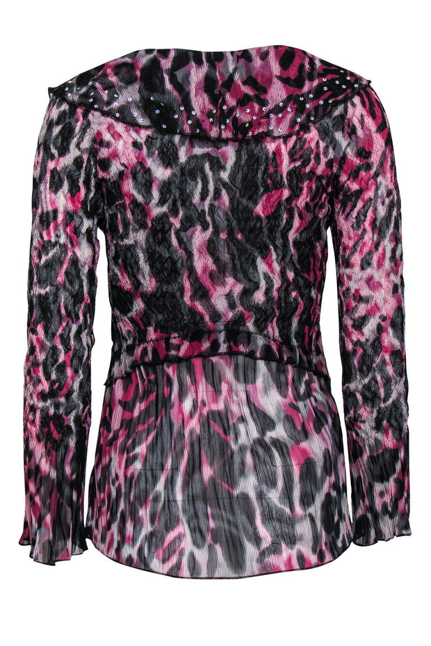 Current Boutique-Alberto Makali - Black & Fuchsia Leopard Ruffle Top w/ Sequins Sz S