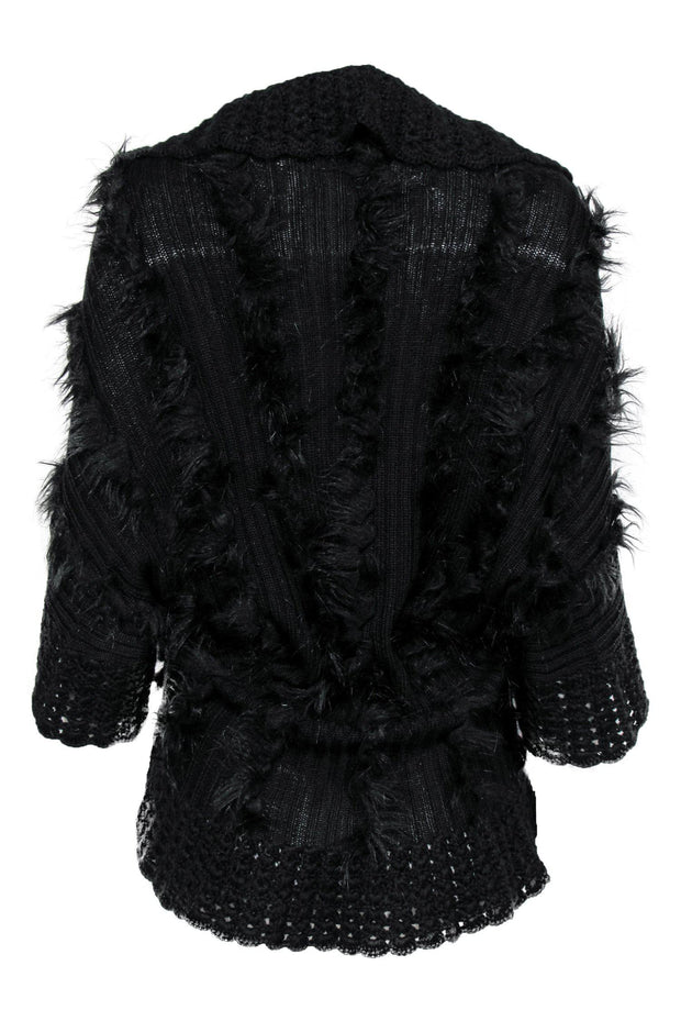 Current Boutique-Alberto Makali - Black Knit Tied Short Sleeve Cardigan w/ Eyelet & Faux Fur Trim Sz S