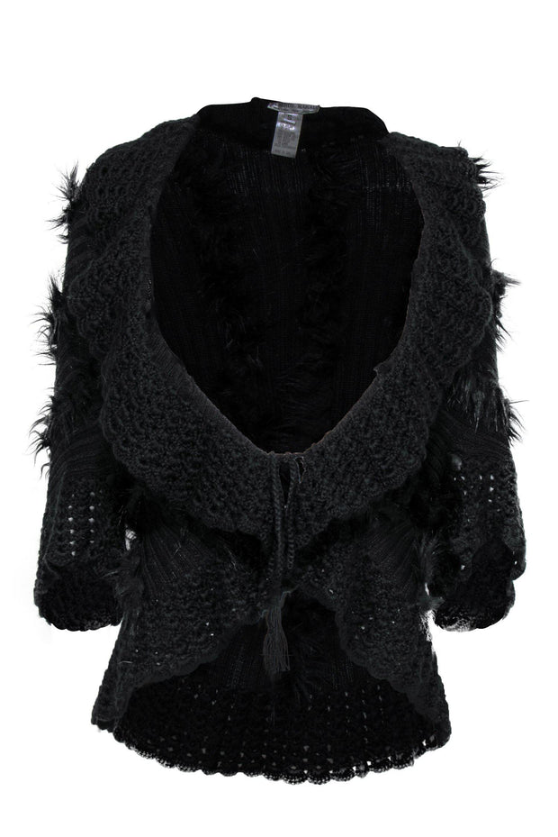 Current Boutique-Alberto Makali - Black Knit Tied Short Sleeve Cardigan w/ Eyelet & Faux Fur Trim Sz S