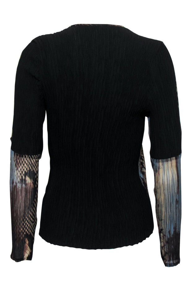 Current Boutique-Alberto Makali - Black Ruched Snakeskin Print Jeweled Long Sleeve Top Sz L