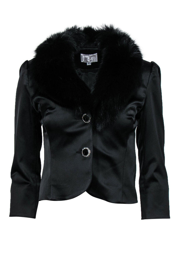 Current Boutique-Alberto Makali - Black Satin Double-Button Blazer w/ Fur Collar Sz 2