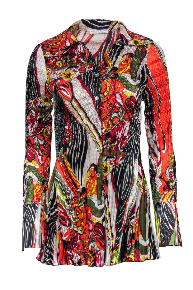 Current Boutique-Alberto Makali - Bright Printed Crinkled & Pintucked Satin Blouse Sz S