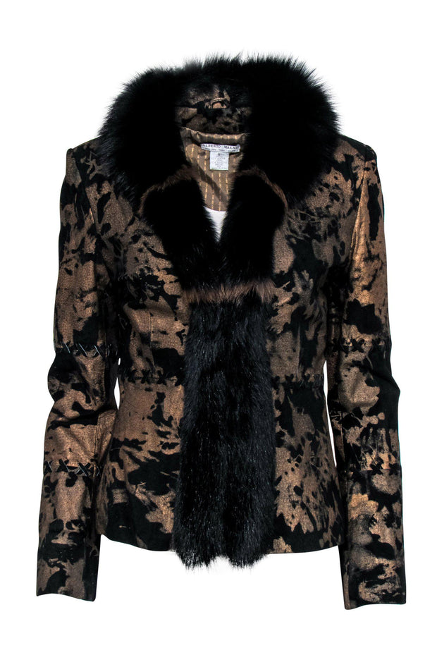 Current Boutique-Alberto Makali - Brown & Black Printed Suede & Leather Jacket w/ Fur Trim Sz S