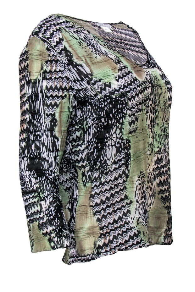 Current Boutique-Alberto Makali - Green, White & Black Printed Crinkled Blouse w/ Sequins Sz L