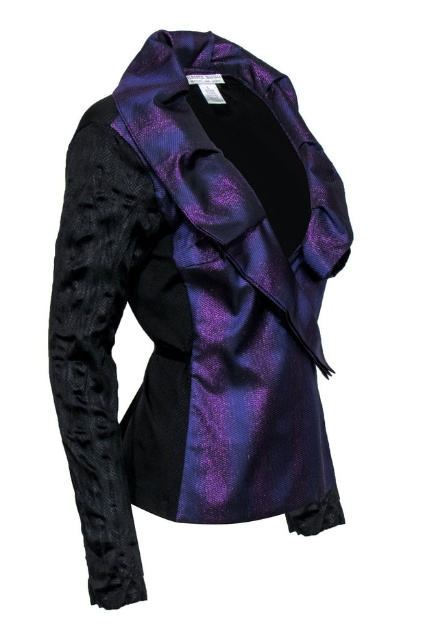 Current Boutique-Alberto Makali - Purple Metallic Ruffle Shawl Lapel Blazer Sz L