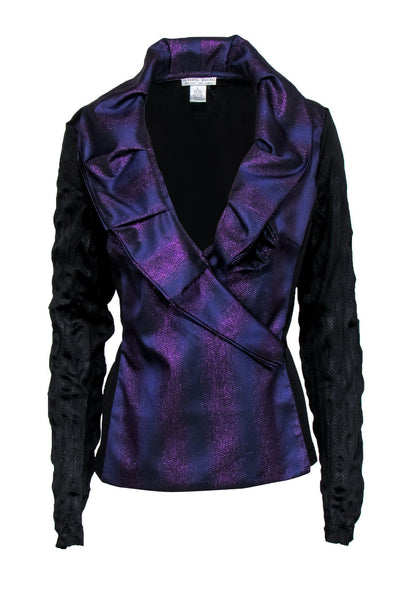 Current Boutique-Alberto Makali - Purple Metallic Ruffle Shawl Lapel Blazer Sz L