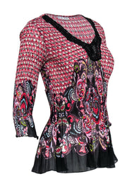 Current Boutique-Alberto Makali - Red, Black & White Printed Ruched Blouse w/ Crochet Trim Sz S