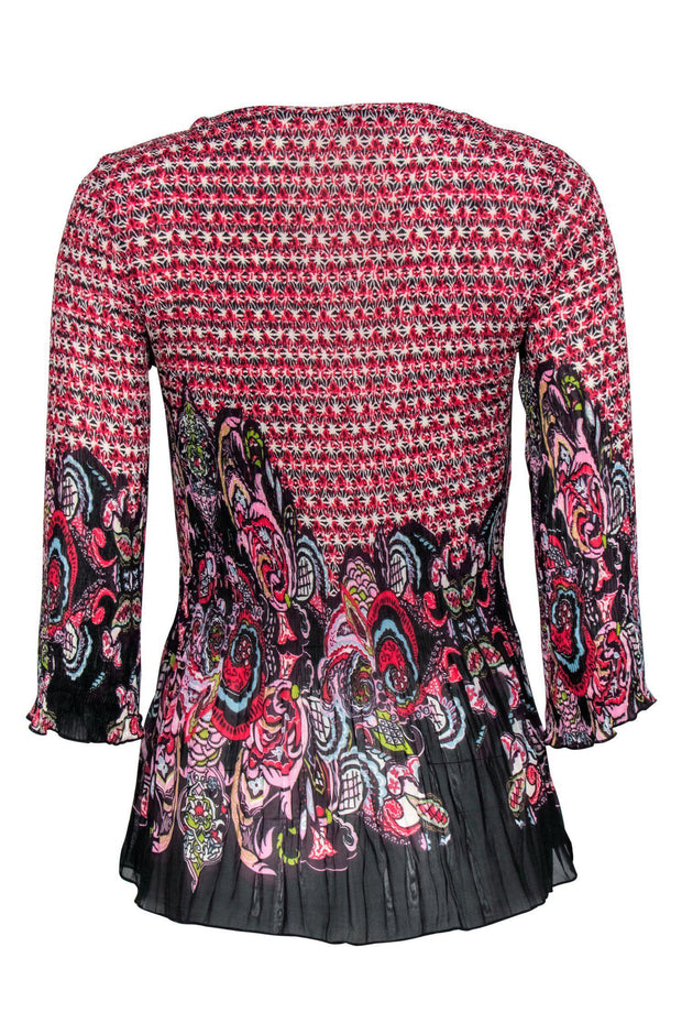 Current Boutique-Alberto Makali - Red, Black & White Printed Ruched Blouse w/ Crochet Trim Sz S