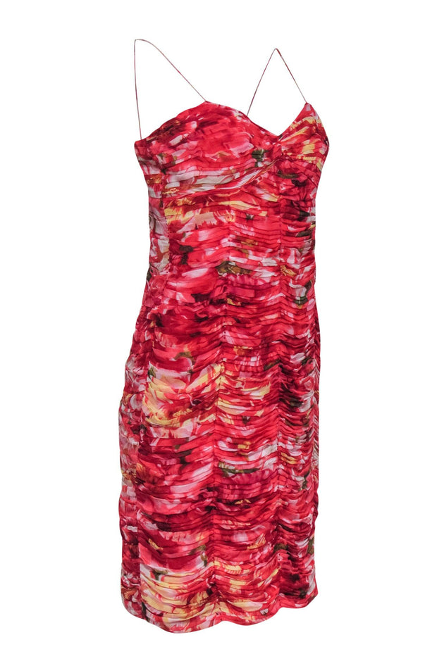 Current Boutique-Alberto Makali - Red Floral Print Ruched Bodycon Dress Sz 10