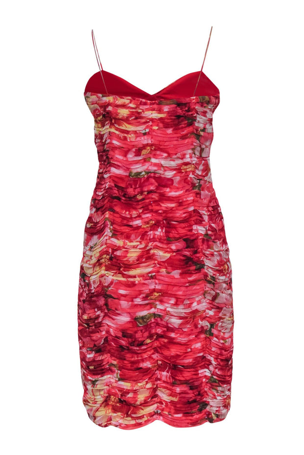 Current Boutique-Alberto Makali - Red Floral Print Ruched Bodycon Dress Sz 10