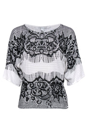 Current Boutique-Alberto Makali - White & Black Lace Print Beaded Ribbed Top Sz PS