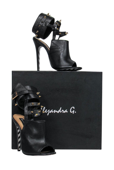 Current Boutique-Alejandra G. - Black Caged Peep Toe "Fiona" Stilettos w/ Gold Studs Sz 6