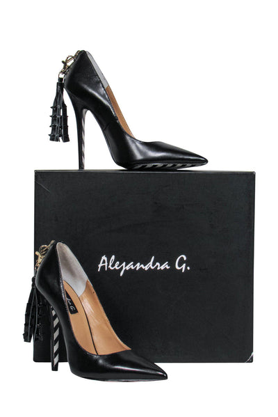 Current Boutique-Alejandra G. - Black Leather Pointed Toe "Rita" Stilettos w/ Spiked Tassels Sz 6