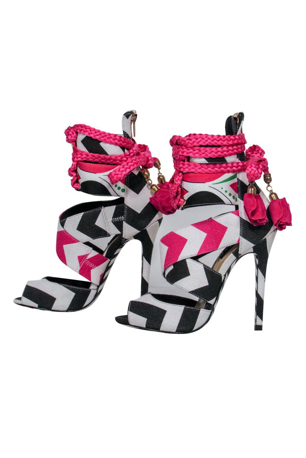 Current Boutique-Alejandra G. - Black & White Chevron Lace-Up "Santiago" Stilettos w/ Pink Rose Tassels Sz 6