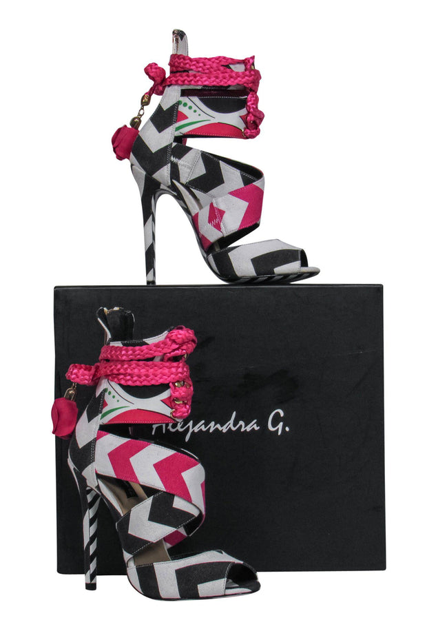 Current Boutique-Alejandra G. - Black & White Chevron Lace-Up "Santiago" Stilettos w/ Pink Rose Tassels Sz 6