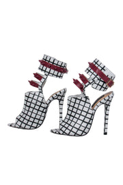 Current Boutique-Alejandra G. - White & Black Grid Print Caged "Fiona" Stilettos w/ Maroon Spiked Trim Sz 6