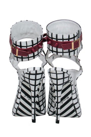 Current Boutique-Alejandra G. - White & Black Grid Print Caged "Fiona" Stilettos w/ Maroon Spiked Trim Sz 6