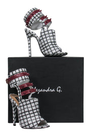 Current Boutique-Alejandra G. - White & Black Grid Print Caged "Fiona" Stilettos w/ Maroon Spiked Trim Sz 6