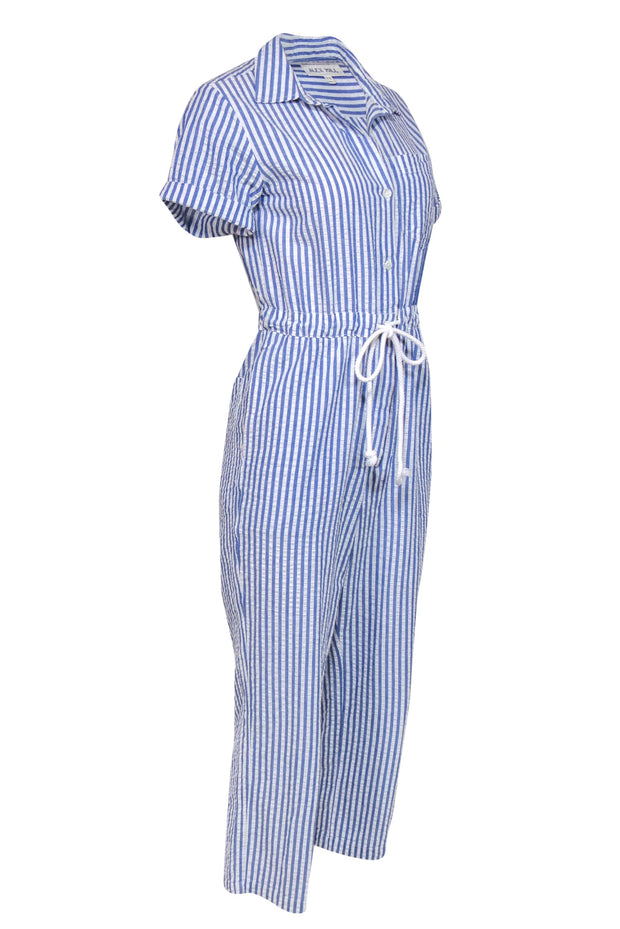 Current Boutique-Alex Mill - Blue & White Striped Seersucker Straight Leg Jumpsuit w/ Rope Drawstring Sz XS