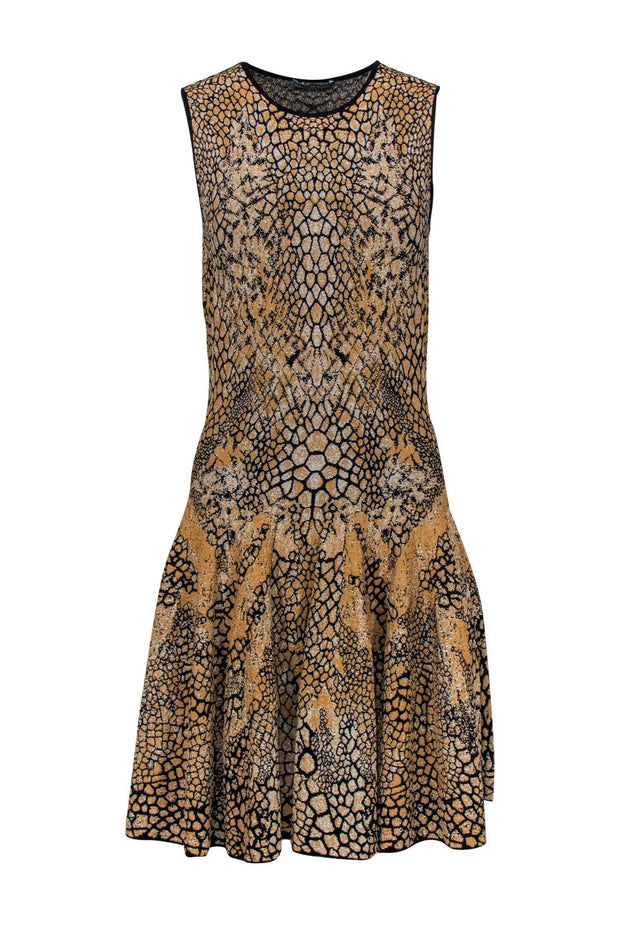 Current Boutique-Alexander McQueen - Black & Gold Metallic Flared Snakeskin Knit Dress Sz S