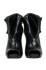 Current Boutique-Alexander McQueen - Black Leather Peep Toe Stiletto Booties w/ Skull Zipper Sz 8.5