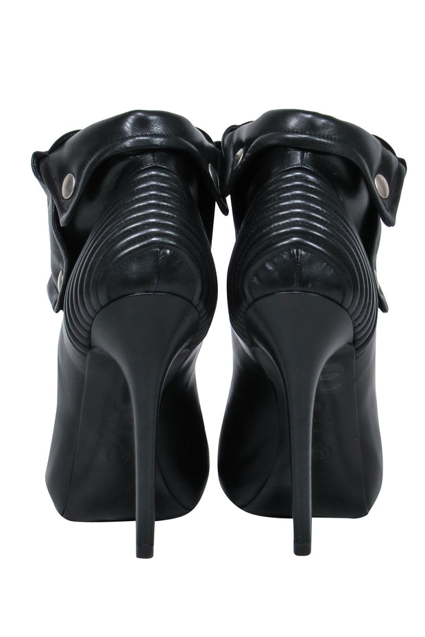 Current Boutique-Alexander McQueen - Black Leather Peep Toe Stiletto Booties w/ Skull Zipper Sz 8.5