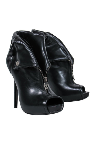 Current Boutique-Alexander McQueen - Black Leather Peep Toe Stiletto Booties w/ Skull Zipper Sz 8.5