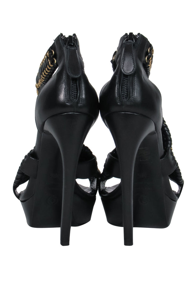 Current Boutique-Alexander McQueen - Black Leather Platform Stilettos w/ Braided Gold Chain Trim Sz 8.5