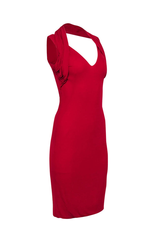 Current Boutique-Alexander McQueen - Red Draped Midi Sheath Dress Sz 8