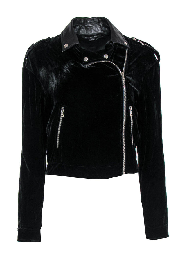 Current Boutique-Alexander Wang - Black Velvet Zip-Up Moto-Style Jacket w/ Leather Collar Sz 2