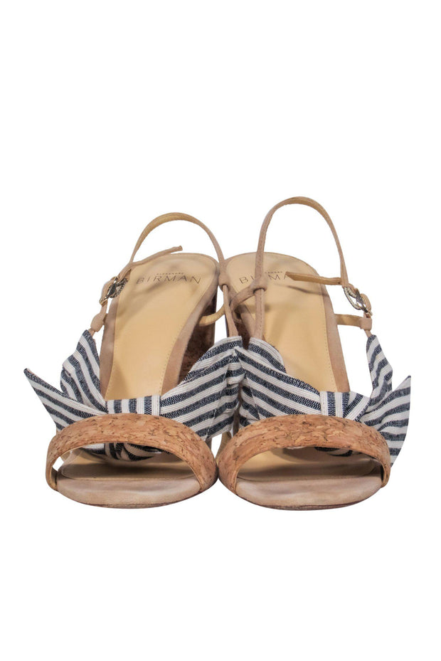 Current Boutique-Alexandre Birman - Beige Cork Strappy Pumps w/ Navy & White Striped Bow Sz 7