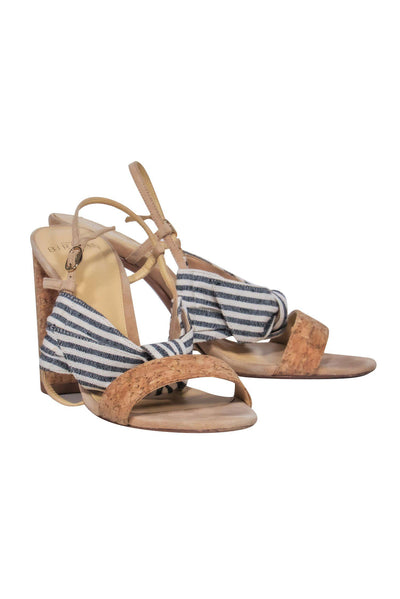 Current Boutique-Alexandre Birman - Beige Cork Strappy Pumps w/ Navy & White Striped Bow Sz 7