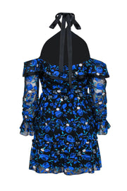 Current Boutique-Alexia Admor - Black, Blue & White Floral Embroidery Ruffle Dress Sz 4