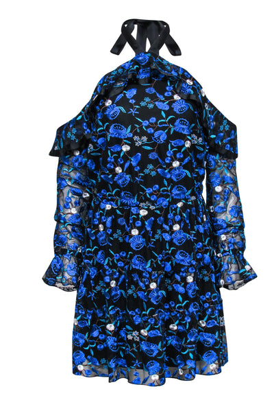 Current Boutique-Alexia Admor - Black, Blue & White Floral Embroidery Ruffle Dress Sz 4