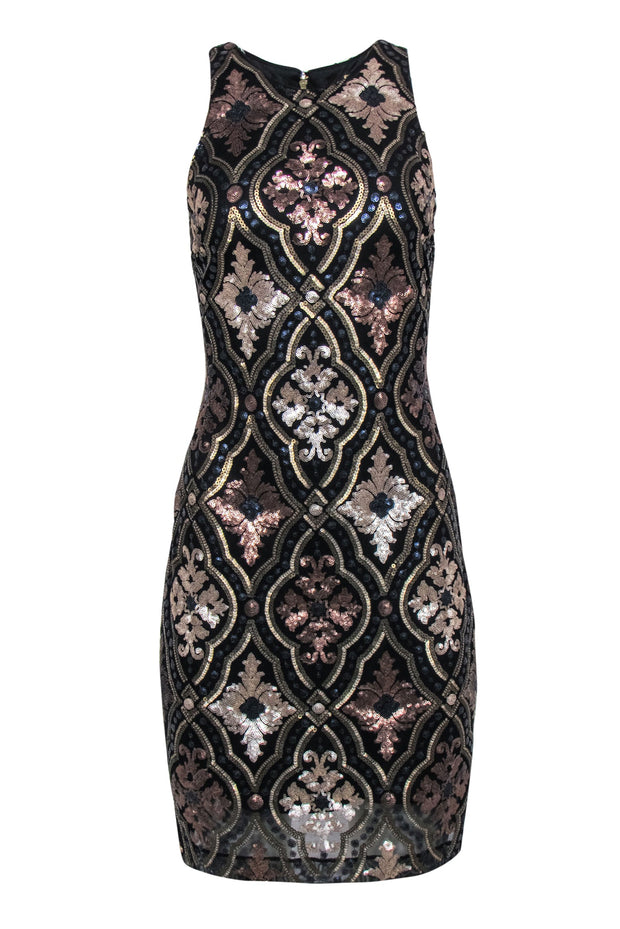 Current Boutique-Alexia Admor - Black, Bronze & Silver Sequined Sheath Dress Sz L